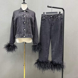 Vivian Set - Feather Trim Denim Jacket & Jeans