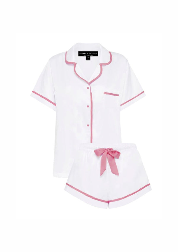 White Short Pyjama Set with Dusty Rose Piping