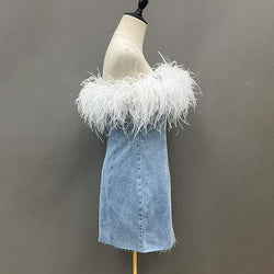 Lola - Feather Trim Denim Dress