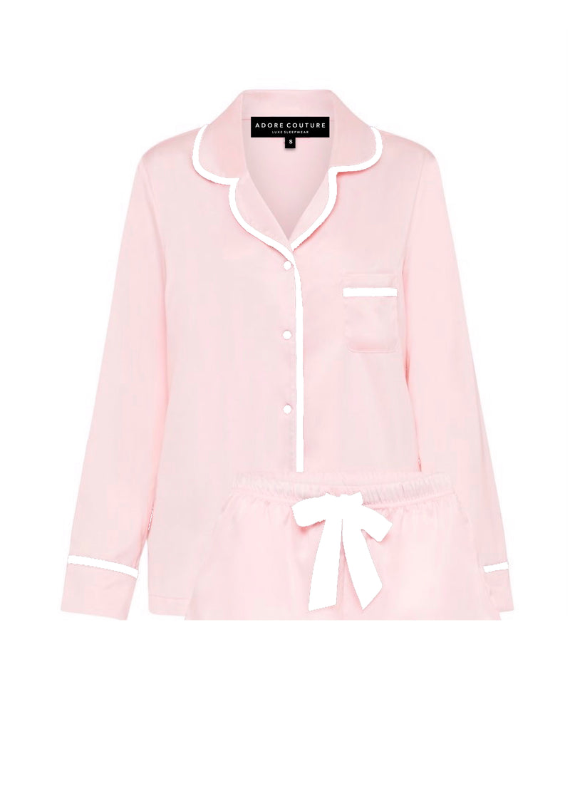 Pink with white piping Long Pyjama Set