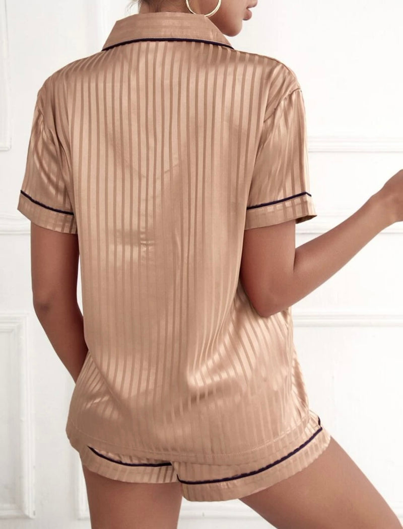 Brown Pinstripe Satin Short Pyjama Set
